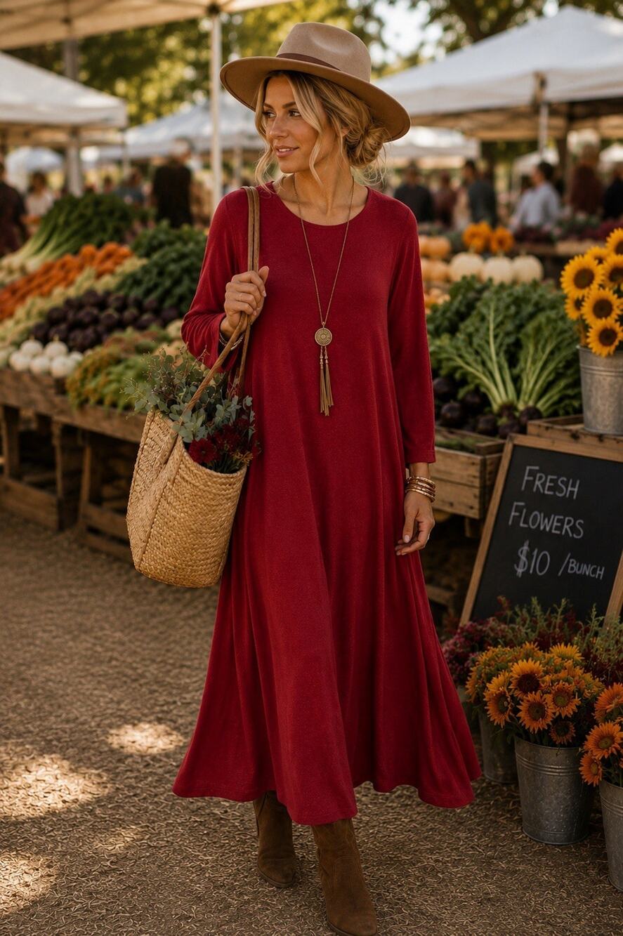 Bryn Walker Dark Red Long Sleeve Weekend Long Tunic Midi Dress Size XL